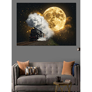Buharlı Kara Tren Ve Ay Manzarası Dekoratif Kanvas - Mdf Ahşap Tablo 35x50 cm
