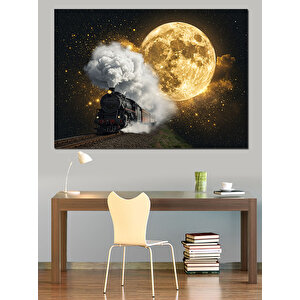 Buharlı Kara Tren Ve Ay Manzarası Dekoratif Kanvas - Mdf Ahşap Tablo