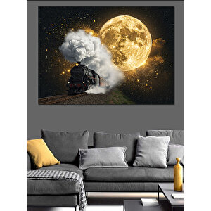 Buharlı Kara Tren Ve Ay Manzarası Dekoratif Kanvas - Mdf Ahşap Tablo