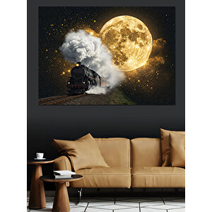 Buharlı Kara Tren Ve Ay Manzarası Dekoratif Kanvas - Mdf Ahşap Tablo 50x70 cm