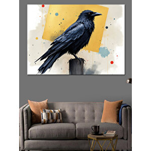 Siyah Karga Direğin Üstünde Dekoratif Kanvas - Mdf Ahşap Tablo 70x100 cm