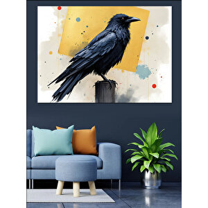 Siyah Karga Direğin Üstünde Dekoratif Kanvas - Mdf Ahşap Tablo