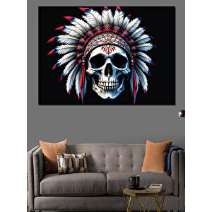 Kızılderili Başlıklı Kuru Kafa Dekoratif Kanvas - Mdf Ahşap Tablo