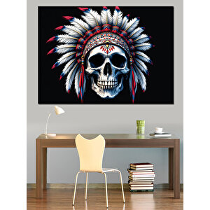 Kızılderili Başlıklı Kuru Kafa Dekoratif Kanvas - Mdf Ahşap Tablo