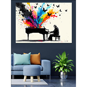 Piyano Çalan Sanatçı Ve Kuşlar Dekoratif Kanvas - Mdf Ahşap Tablo 100x140 cm