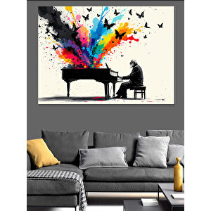 Piyano Çalan Sanatçı Ve Kuşlar Dekoratif Kanvas - Mdf Ahşap Tablo 70x100 cm