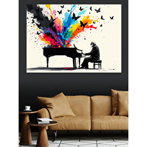 Piyano Çalan Sanatçı Ve Kuşlar Dekoratif Kanvas - Mdf Ahşap Tablo 70x100 cm