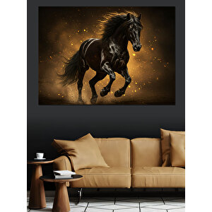 Koşan Kara At Dekoratif Kanvas - Mdf Ahşap Tablo 100x140 cm