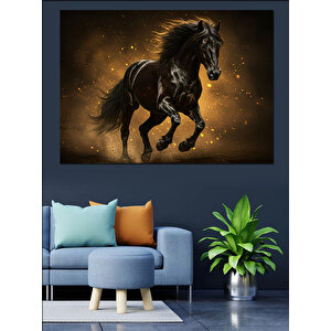 Koşan Kara At Dekoratif Kanvas - Mdf Ahşap Tablo 100x140 cm