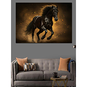 Koşan Kara At Dekoratif Kanvas - Mdf Ahşap Tablo 100x140 cm