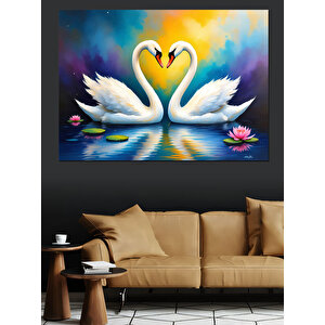 Kalp Şeklinde Kuğular Dekoratif Kanvas - Mdf Ahşap Tablo 70x100 cm
