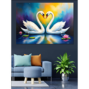 Kalp Şeklinde Kuğular Dekoratif Kanvas - Mdf Ahşap Tablo 70x100 cm