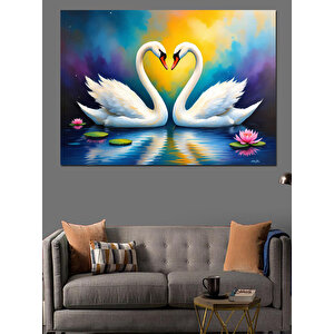 Kalp Şeklinde Kuğular Dekoratif Kanvas - Mdf Ahşap Tablo 70x100 cm