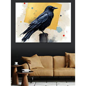 Siyah Karga Direğin Üstünde Dekoratif Kanvas - Mdf Ahşap Tablo