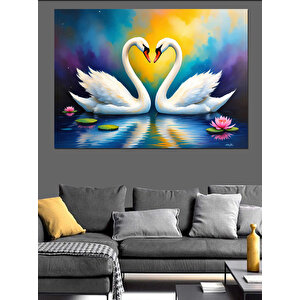 Kalp Şeklinde Kuğular Dekoratif Kanvas - Mdf Ahşap Tablo