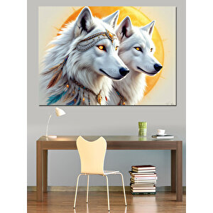 Beyaz Kürklü Kurt Çifti Dekoratif Kanvas - Mdf Ahşap Tablo