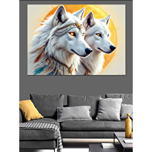 Beyaz Kürklü Kurt Çifti Dekoratif Kanvas - Mdf Ahşap Tablo