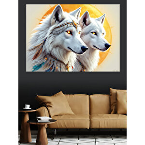 Beyaz Kürklü Kurt Çifti Dekoratif Kanvas - Mdf Ahşap Tablo 70x100 cm