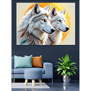Beyaz Kürklü Kurt Çifti Dekoratif Kanvas - Mdf Ahşap Tablo 70x100 cm