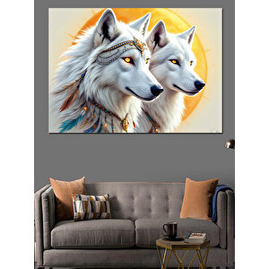 Beyaz Kürklü Kurt Çifti Dekoratif Kanvas - Mdf Ahşap Tablo 70x100 cm