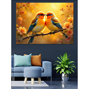 Aşık Kuşlar Dal Üstünde Dekoratif Kanvas - Mdf Ahşap Tablo 100x140 cm