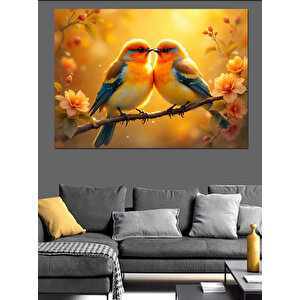 Aşık Kuşlar Dal Üstünde Dekoratif Kanvas - Mdf Ahşap Tablo