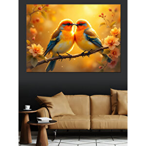 Aşık Kuşlar Dal Üstünde Dekoratif Kanvas - Mdf Ahşap Tablo