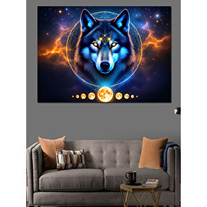 Alevli Gözlü Mavi Kurt Dekoratif Kanvas - Mdf Ahşap Tablo 100x140 cm