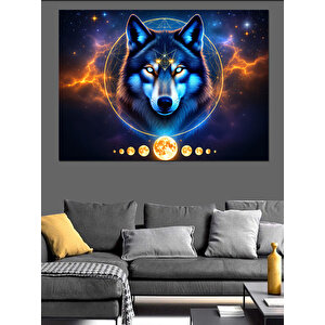 Alevli Gözlü Mavi Kurt Dekoratif Kanvas - Mdf Ahşap Tablo 100x140 cm