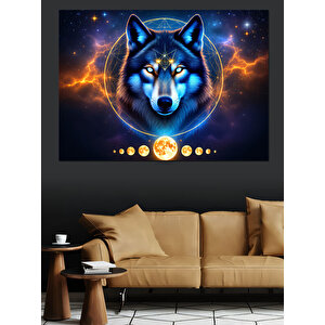Alevli Gözlü Mavi Kurt Dekoratif Kanvas - Mdf Ahşap Tablo