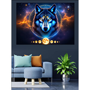 Alevli Gözlü Mavi Kurt Dekoratif Kanvas - Mdf Ahşap Tablo