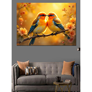Aşık Kuşlar Dal Üstünde Dekoratif Kanvas - Mdf Ahşap Tablo 70x100 cm