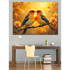 Aşık Kuşlar Dal Üstünde Dekoratif Kanvas - Mdf Ahşap Tablo 70x100 cm