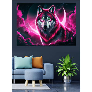 Neon Parlayan Kurt Portresi Dekoratif Kanvas - Mdf Ahşap Tablo 25x35 cm