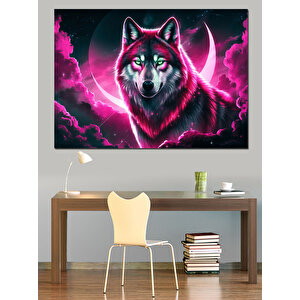 Neon Parlayan Kurt Portresi Dekoratif Kanvas - Mdf Ahşap Tablo 35x50 cm