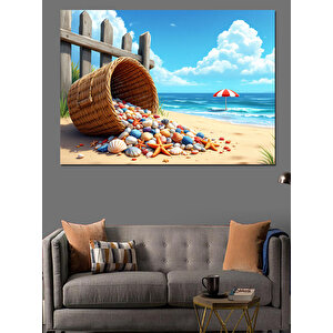 Kumlara Dökülen Deniz Kabukları Dekoratif Kanvas - Mdf Ahşap Tablo 50x70 cm