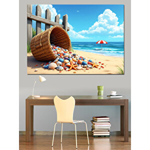 Kumlara Dökülen Deniz Kabukları Dekoratif Kanvas - Mdf Ahşap Tablo 50x70 cm