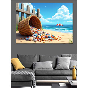 Kumlara Dökülen Deniz Kabukları Dekoratif Kanvas - Mdf Ahşap Tablo 50x70 cm