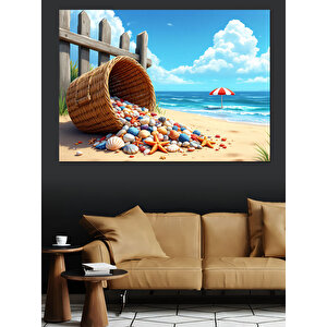 Kumlara Dökülen Deniz Kabukları Dekoratif Kanvas - Mdf Ahşap Tablo