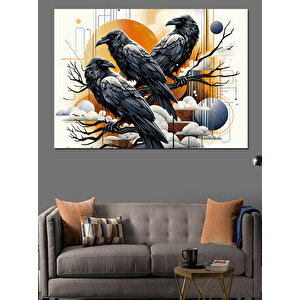 Dallarda Oturan Kargalar Çizimi Dekoratif Kanvas - Mdf Ahşap Tablo 100x140 cm