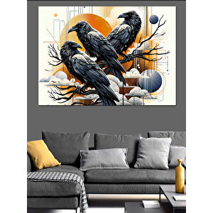 Dallarda Oturan Kargalar Çizimi Dekoratif Kanvas - Mdf Ahşap Tablo 100x140 cm