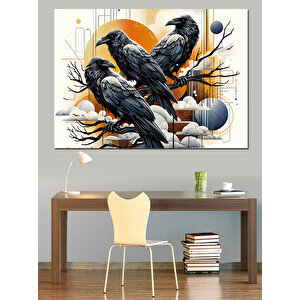 Dallarda Oturan Kargalar Çizimi Dekoratif Kanvas - Mdf Ahşap Tablo 35x50 cm