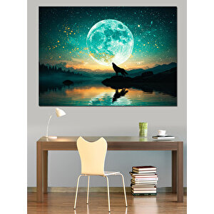 Dolunay Altında Kurt Dekoratif Kanvas - Mdf Ahşap Tablo