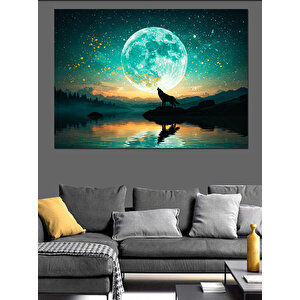 Dolunay Altında Kurt Dekoratif Kanvas - Mdf Ahşap Tablo