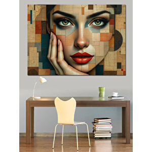 Geometrik Desenli Kadın Portresi Dekoratif Kanvas - Mdf Ahşap Tablo 70x100 cm