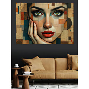 Geometrik Desenli Kadın Portresi Dekoratif Kanvas - Mdf Ahşap Tablo 70x100 cm