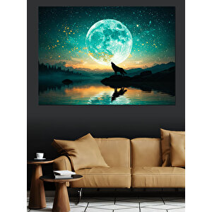 Dolunay Altında Kurt Dekoratif Kanvas - Mdf Ahşap Tablo 100x140 cm