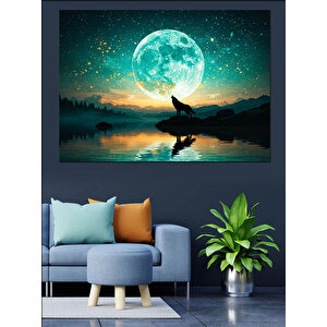 Dolunay Altında Kurt Dekoratif Kanvas - Mdf Ahşap Tablo 100x140 cm