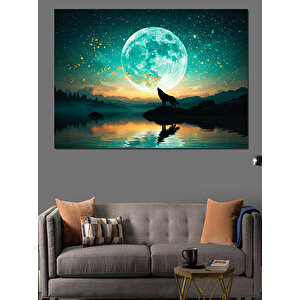 Dolunay Altında Kurt Dekoratif Kanvas - Mdf Ahşap Tablo 100x140 cm