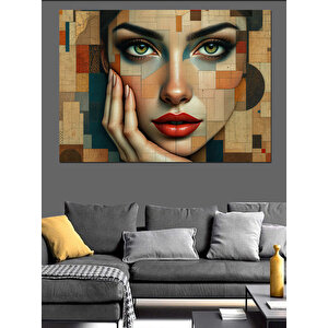 Geometrik Desenli Kadın Portresi Dekoratif Kanvas - Mdf Ahşap Tablo 100x140 cm